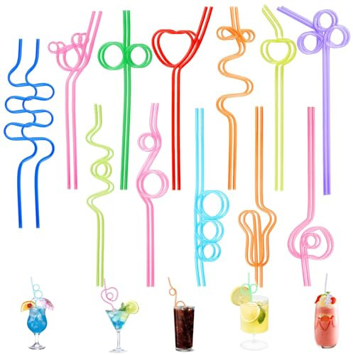 Trinkhalme mit Knoten Curly, 24 Stück Strohhalm Wiederverwendbar, Bunt Cocktail Strohhalme, PET Curly Trinkhalm, für Geburtstagsfeier, Saft-Dekoration, Cocktails,10 Farben, 12 Formen