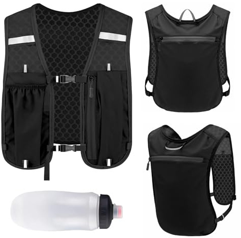 Gilet da corsa da uomo e donna, riflettente, ultraleggero e traspirante, con 4 tasche e ampio scomparto per bolle da 2 l, per jogging, maratona, ciclismo, Nero , Taglia unica