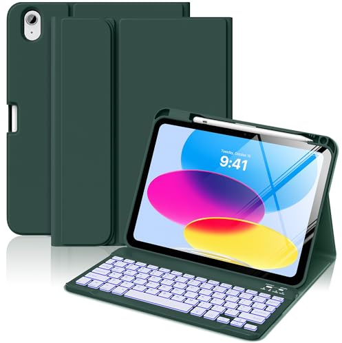 MoKo Keyboard Case for iPad (A16) 11th 11''/10th Gen 10.9'',Midnight Green | 7 Color Backlit, Multi-Angle Detachable Bluetooth Keyboard Case with Pencil Holder,Auto Wake Sleep