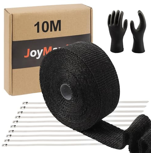 Hitzeschutzband für Motorräder, 5,1 cm x 9,2 m, Schwarz, Fiberglas-Hitzeschutzband mit 10 Edelstahlbändern (10 m)