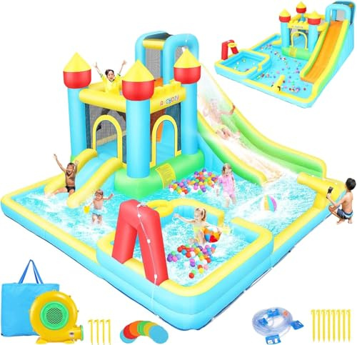 Château Gonflable pour Enfants, Toboggan Aquatique Gonflable pour Enfants de 3 à 10 Ans, Toboggan Sec/Aquatique en Plein air Parc Aquatique avec 2 toboggans, pataugeoire et Piscine, Panier de Basket,