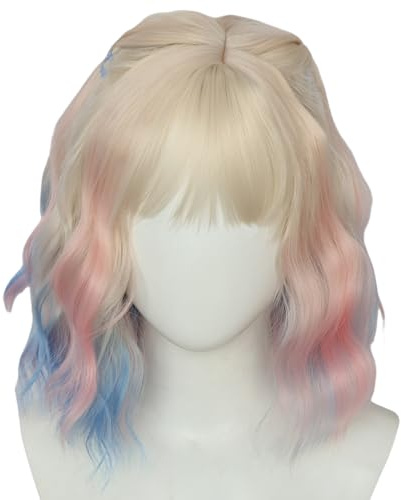 Topcosplay Kurze Blond Rosa Blau geflochtene Zöpfe Perücke Cosplay Perücke für Halloween Karneval (Blond-Lockiges Haar)