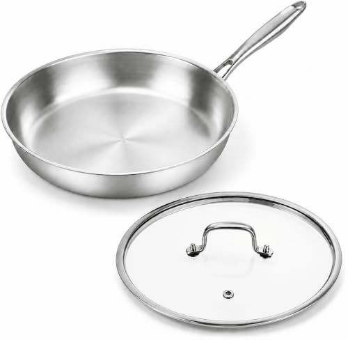 Nontoxicook Professional 26cm Tri-Ply Stainless Steel Frying Pan with Lid | Uncoated, PTFE & PFOA Free, Compatible with All Cooktops up to 315℃, Fast & Even Heat, Durable Skillet, Induction Cooking Pan
