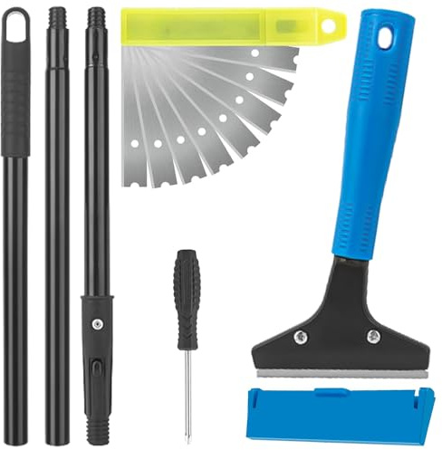 Heavy Duty Shaver Scraper with Long Handle - 4 Wide Blade for Floors, Walls & Glass, Includes Extra Blades