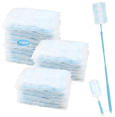 52 Stück Staubmagnet Nachfüllpack, Staubwischer mit Teleskopgriff Duster Staubtücher Staubwedel Reinigungsstaub Staubtuch Nachfüllung Starterset für Tierhaare Staub Schmutz(50 Tücher+2 Griffe, Blau)