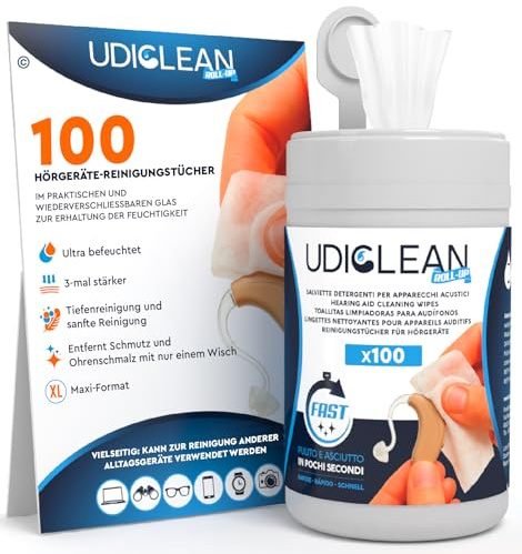 100 Hörgerätetücher Reinigung Udiclean Roll-Up - Wiederverschließbarer Tiegel Speichert Feuchtigkeit - Maxi- und Widerstandsfähige Tücher zur Reinigung von Ohrenschmalz Fett und Schmutz