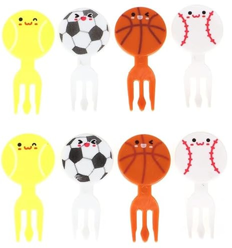 8 mini tenedores de frutas multicolor para deportes de fútbol, tenedores de plástico PP para pasteles, postres, pastelería, suministros de fiesta, patrón de tenis de béisbol, divertido bento mini