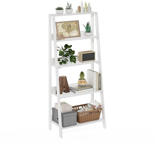 Furinno Ladder Bücherregal, 5-stufiges Leiterregal, Bücherregal, Ausstellungs-Aufbewahrungsregale, 13 x 23.6 x 53.5, für Wohnzimmer, Homeoffice, Reinweiß, Plain White