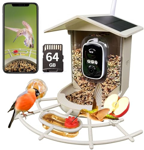 Origem Vogelhaus mit Kamera Vogelfutterhaus aus Weizenstroh,1,7 L Solarbetrieben Futterhaus für Vögel IP66 wasserdicht,2K HD Nachtsicht mit KI-Vogelerkennung, 64 GB SD-Karte für Vogelliebhaber
