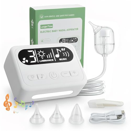 Mouche Bébé Electrique, Aspirateur Nasal Bebe Avec 9 Buses et 3 Tailles D'embouts en Silicone, Mouche Nez Bebe Electrique Avec Lumière et Musique Apaisante, En Silicone Pour Nouveau-Nés