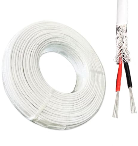 18AWG 2-kärnig 300FT/rulle FEP Högtemperaturskärmad Kabel, 18/2 Gauge Försilvrad Kopparledare, Flätad Silverskärm, 300V/600V Elektrisk Ledning, Vit(0.12mm²)