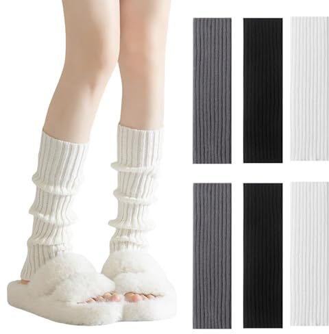 Vyqrx 3 Paar Beinstulpen Damen Stulpen Schwarz Weiß Grau, Häkelarbeit Gestrickte Rippen Leg Warmers Stulpensocken Damen für Winter, Party & Cosplay
