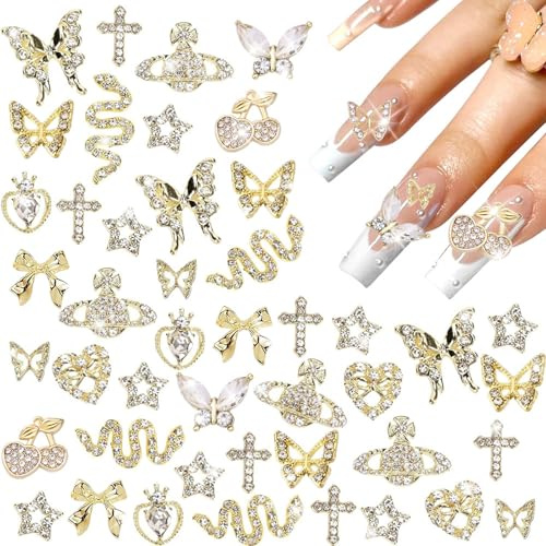FOSDICK 24 stycken guldnagelberlocker med strass, Y2k nagelstrass, 3D-legering naglar konstdekorationer för lyxiga manikyrdesigner och gör-det-själv-hantverk