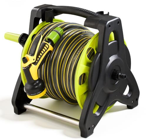 DKIEI Garden Hose Reel With 35M Hosepipe & Adjustable Spray Nozzle Gun, Portable Hose Pipe Reel Retractable And Rewind For Patio & Car Cleaning, Hose Holder Garden Accessories For Lawn Watering, Green