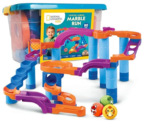 National Geographic Kids Junior Jumbo Marble Run – 80-Piece Ball Drop Toy with Storage Bin, Kid-Safe Balls & Buildable Marble Run Maze for Toddlers & Preschoolers Ages 2+