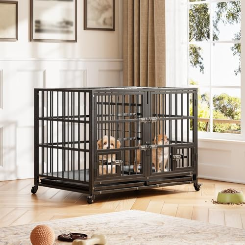 48 inch Heavy Duty Dog Crate, Large Metal Dog Cage with Flexible Divider, Dog Cage House with 2 Door, 2 Feeding Bowls, Removable Tray for Small Medium Large Pets, 47.44 x 28.94 x 32.28in, Black