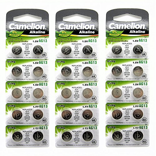 30 X Camellion AG13 L1154 LR44 A76 157 V13GA RW82 0% Quecksilber Alkaline Batterie verwendet in Uhren, Taschenrechner, usw.