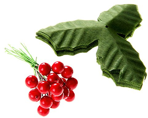dophee 50 Pack Artificial Red Berry Stems and 50 Pack Green Leaves