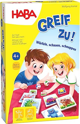 HABA 304262 - Greif zu! – Würfeln, schauen, schnappen, lustiges Reaktionsspiel für 2-4 Spieler von 4-99 Jahren