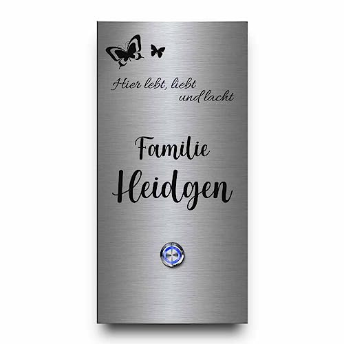 CHRISCK design - Edelstahl Türklingel Heidgen 13x26 cm rechteckig mit einem Klingel-Taster/LED Beleuchtung und schönen Dekorplatten aus Acrylglas - personalisierte Gravur mit Wunschtext und Motiven