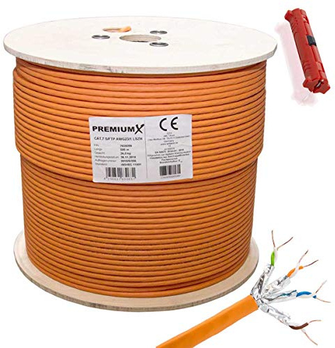 Premium X 500 meter CAT 7 Netzwerkkabel Simplex LAN-Kabel Ethernet Datenkabel S/FTP PiMF Eca Cat7 Verlegekabel Installationskabel Cat.7 inkl. Entmanteler