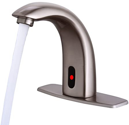 Fyeer Automatic Touchless Bathroom Sink Faucet Motion Activated Sensor Faucets Hands Free Commercial Tap with Hole Cover Deck Plate Battery Operated Control Adjustable Temperature MixerBrushed Nickel