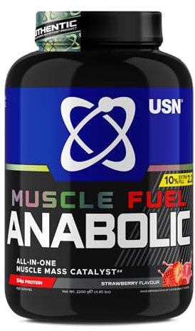 USN Muscle Fuel Anabolic All in one Muscle Building protein shake with Creatine, Strawberry, 2.2 Kg,