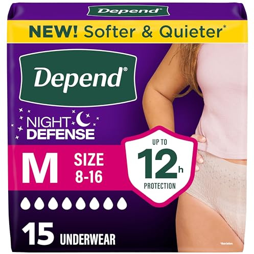 Depend Nattförsvar vuxen inkontinens underkläder för kvinnor, engångsbruk, övernattning, medium, rouge, 60 st (4 paket med 15) (förpackningen kan variera)