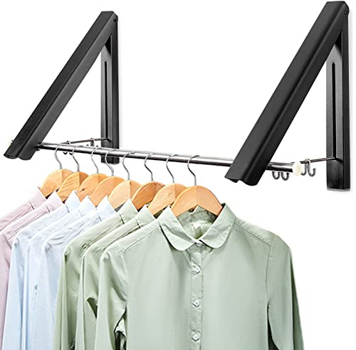 LIVEHITOP Klappbar Wand Kleiderständer 2 Stück Platzsparend Aluminium | Kleiderhaken mit Stange und Kleiderbügel Haken Halter für Schlafzimmer Badezimmer Balkon Indoor Outdoor (Schwarz)