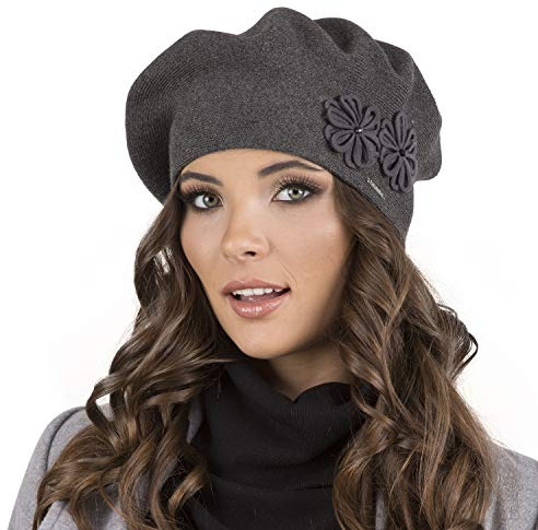 Vivisence Berretto Elegante da Donna con Decorazione a Fiorellini Realizzato in Lana Stile Classico e Confortevole Perfetto per attività All'Aperto, Grigio Scuro,Taglia Unica