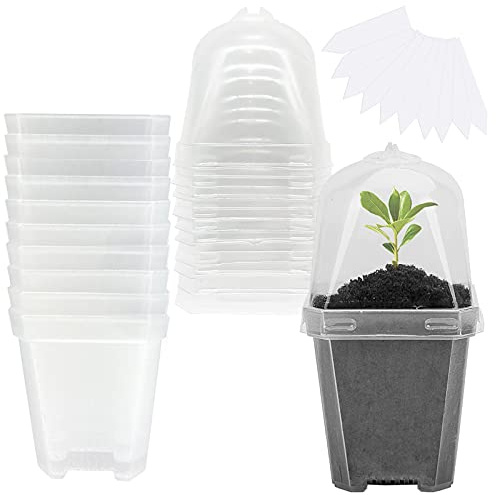 EBaokuup 10PCS Clear Plant Nursery Pots with Humidity Dome - 3 Plastic Gardening Pot with Labels, Durable Plastic Plant Container for Seedlings/Vegetables/Succulents/Cuttings