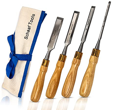 Finely Crafted Wood Chisel Set, 4 High-Performance Woodworking Chisels with Durable, Sharp CR-V Steel Blades Tempered to 60HRc, Chisel Set with Tool Roll from Schaaf Wood Carving Tools