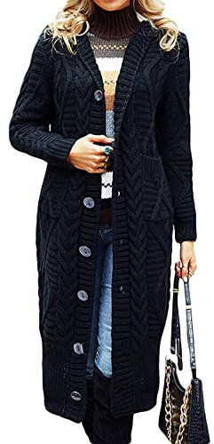 Minetom Gilet Long Femme Pull Tricot Cardigan Automne Hiver Manches Longues Pullover Manteau Veste Longue avec Boutons Poches A Noir XXL