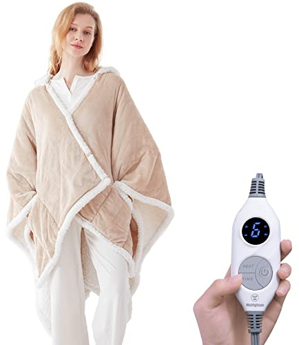 Westinghouse Wearable Heated Throw Blanket, Electric Heated Wrap Poncho Shawl with Pockets, 6 Heating Levels & 2 to 10 Hours Time Settings, 50 x 60 Inch, Beige