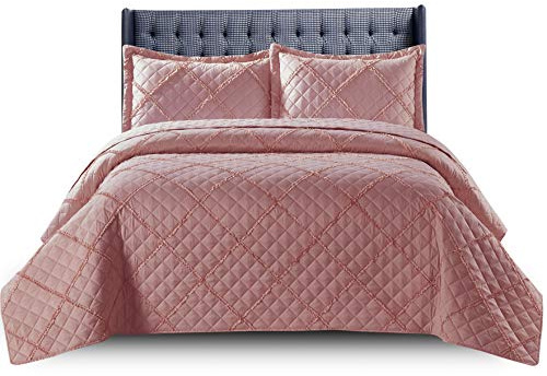 PHP Quilted Bedspread Bed Throws for Room Decor - Quilted Fabric Embossed Striped Pattern Ruffle Design Reversible Quilt Bedspreads Coverlets with Hypoallergenic Pillow Cover (King, Ruffle Rose)