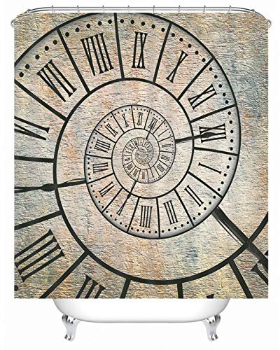 EHOMERY Duschvorhang Uni Duschrollo Für Badewanne Ohne Bohren Vintage Uhr Polyester Braun Rostfreie Ösen Und 12 Hakenringe, 180X200Cm