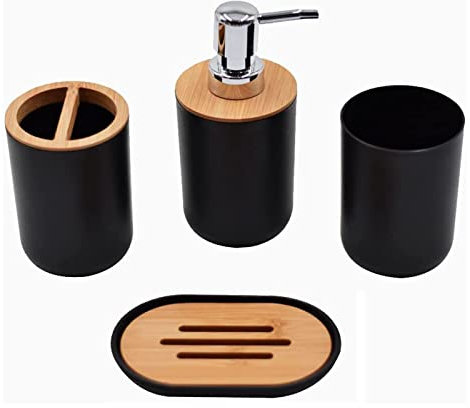 GreeSuit Set di accessori da bagno 4 pezzi: portaspazzolino, bottiglie di lozione, portasapone, tazza per risciacquo. Materiale: bambù + polipropilene. Finito: opaco. Colore: nero. Per il bagno.