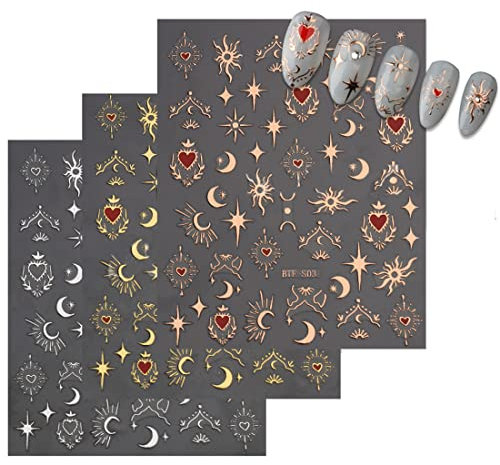 Teegxddy 12er Pack Nail Art Decals - Gold, Sun, Moon & Stars Designs - Luxus Selbstklebende Nail Decals für Home Salon DIY Nail Art Dekoration
