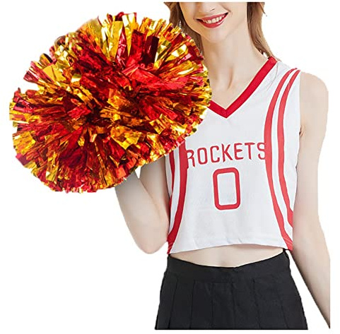 SHTGOI Cheerleading Pompons 2 Stück Metallic-Folie Cheerleading Pom Poms mit Handle Cheerleader Handblumen Cheers Blumenball für Sportveranstaltungen Ballspiele Tanzbedarf Rot+Gold