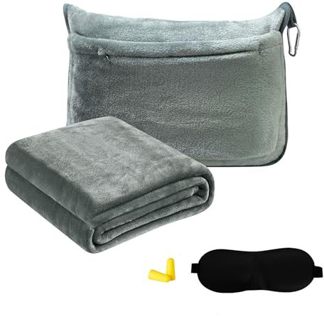 Reisedecke Flugzeug, Kissen Decke 2 in 1, Reisedecke Ultraleicht Warm, Reise Gadgets mit Schlafmaske und Ohrstöpsel, Tragbare Verwandlungskissen für Urlaub, Büro, Zuhause, Geschäftsreisen, Dunkelgrau