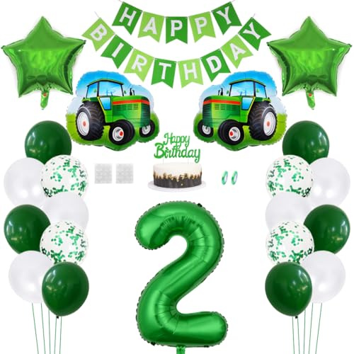 Daimay Traktor Geburtstag Deko 2 Jahre Auto Foil Balloon Happy Birthday Banner Trecker Luftballons Bauernhof Geburtstagsdeko Grün Folienballon Traktor Bagger Tortendeko für Jungen Party Dekoration