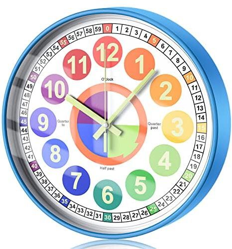 Lernuhr für Kinder, leuchtet im Dunkeln, Wanduhr für Schlafzimmer, 30,5 cm, leises Nachtlicht, Kinder-Wanduhr, bunt beleuchtet, Uhrzeit, Lehruhr, Kinderzimmer-Dekor (beleuchtetes Blaugrün) | Kinderwanduhr, leises Nachtlicht, bunt beleuchtet, Uhrzeit, Unterrichtsuhr, batteriebetrieben, 30 cm