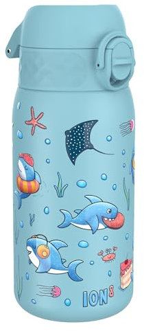 ion8 Kinder Trinkflasche, Edelstahl Leicht 400ml, Nicht Isoliert, Auslaufsicher, Einhandöffnung, Sichere Verriegelung, Spülmaschinenfest, Klappdeckel, Tragegriff, Leicht zu Reinigen, Haie
