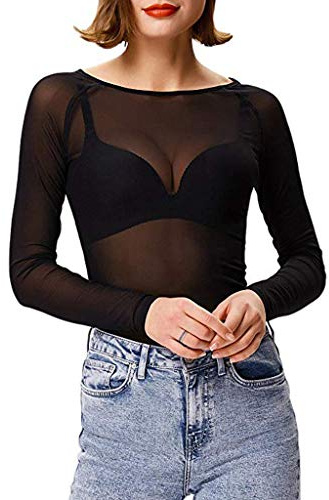 Tshirt Femme Résille- Haut Transparent Sexy,Top Manche Longue Femme Grandes Tailles Moulant élasticité Tunique Couleurs Pures Décontractés Chic Coupe Ajustée Chemisers Stretch de Base Blouse