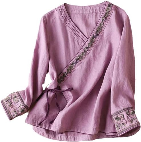 DSAoTeng Chemise traditionnelle chinoise vintage à manches longues pour femme Hanfu Tang Costume brodé Vêtements zen