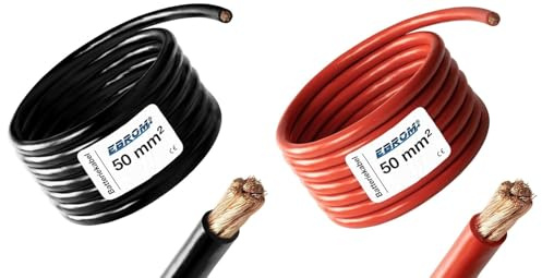 EBROM Batteriekabel SET: ROT + SCHWARZ - 50 mm² - Vollkupfer je 3 Meter | Batterie Kabel, PLUS- und MASSE Kabel - jeweils 3 m Länge - für PV, Boot, Solar, Industrie, LKW, KFZ, Caravan und weitere