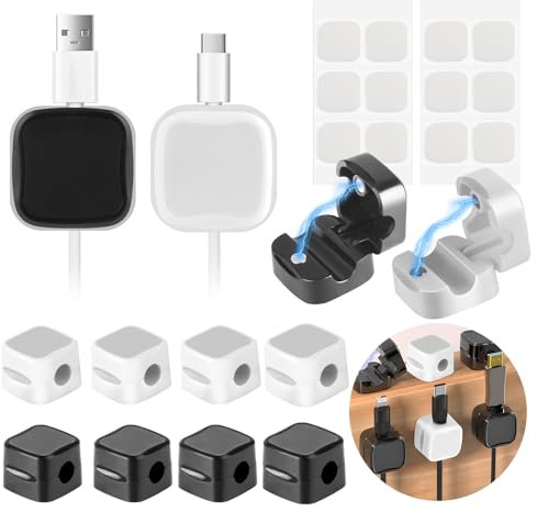 12 Stück Kabelhalter Magnetisch, Magnetische Kabelhalter Kabelclips, Selbstklebend Kabelhalter Schreibtisch, Magnetischer Kabel Organizer für Datenkabel KopfhöRerkabe (Schwarz, Weiß)