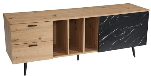 FineBuy Lowboard Eiche-Dekor mit Marmor-Look in Schwarz 150x55x40 cm TV-Kommode, Design TV-Schrank Hoch Modern, Fernsehtisch Fernsehschrank mit Tür & Schubladen, Fernsehkommode Wohnzimmer Modern Braun