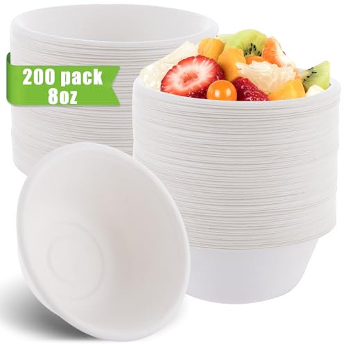 SHUESS 200 Pack Paper Bowls Disposable 8oz - 260ml Disposable Bowls for Parties - Sugarcane Compostable Paper Bowls for Hot Food, Party, Picnics and BBQ, White