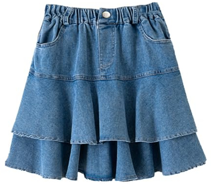 Alunsito Gonna di jeans per bambina Bambina con elastico in vita Mini gonne di jeans a strati a trapezio Blu 12-13 anni